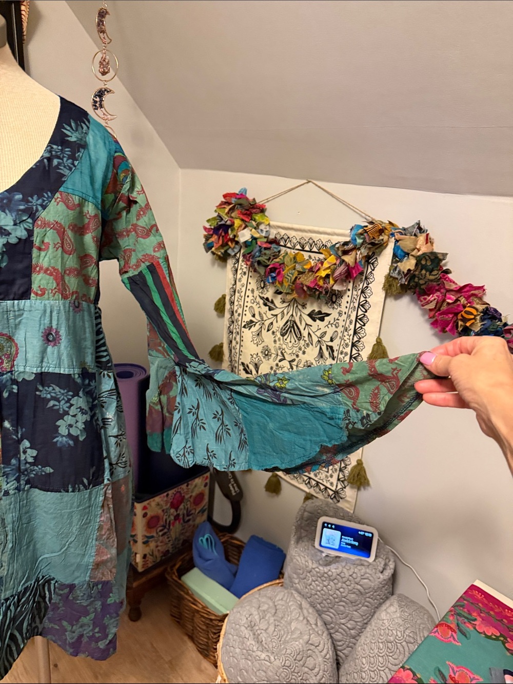 Boho Patchwork V-Neck Long Sleeve Jacket in Teal and Navy - Picture 5 of 9